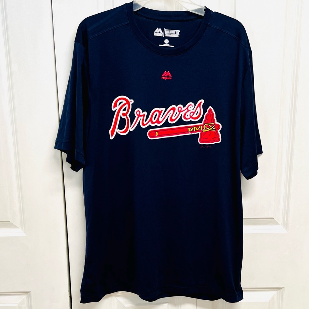 Majestic Navy Braves Logo Tee with Red & White Script Size XL